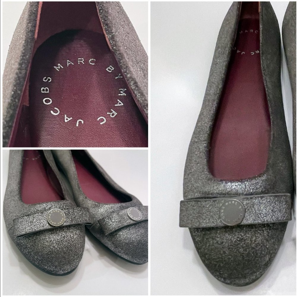 Marc by Marc Jacobs Silver Suede Leather Tuxedo Logo Round Toe Ballet Flat